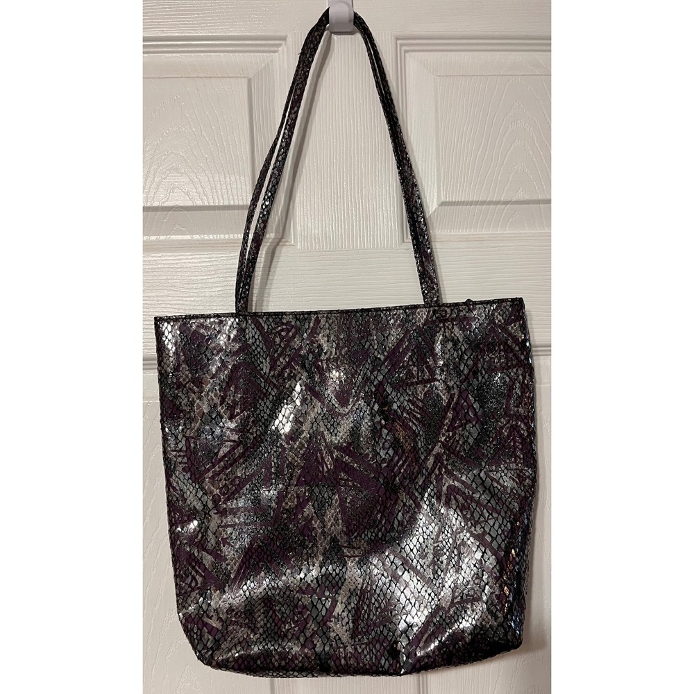 Falchi by Falchi Purple Metallic Snakeskin Embossed Tote Bag Silver Top Zip